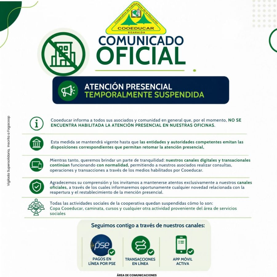 mientras tanto queremos brindar un parte de tranquilidad nuestros canales digitales y transacionales continuan funcionando con normalidad permitiendo a nuestros asociados realizar consultas ope 1